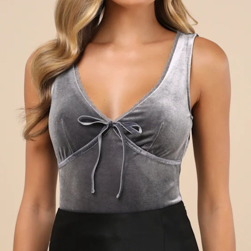 Lulus Dreamy Chicness Grey Velvet Bow Lace Trim Y2K Sleeveless Bodysuit Sz. L